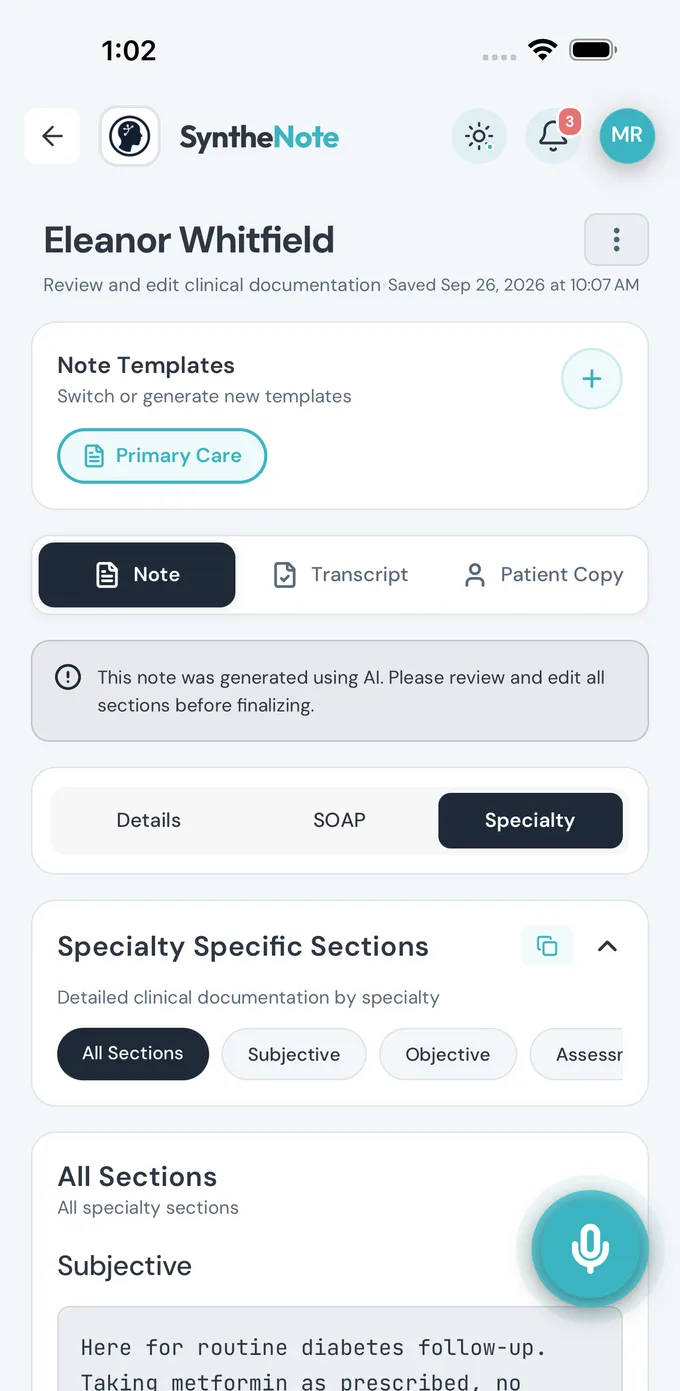 A generated clinical note open in SyntheNote