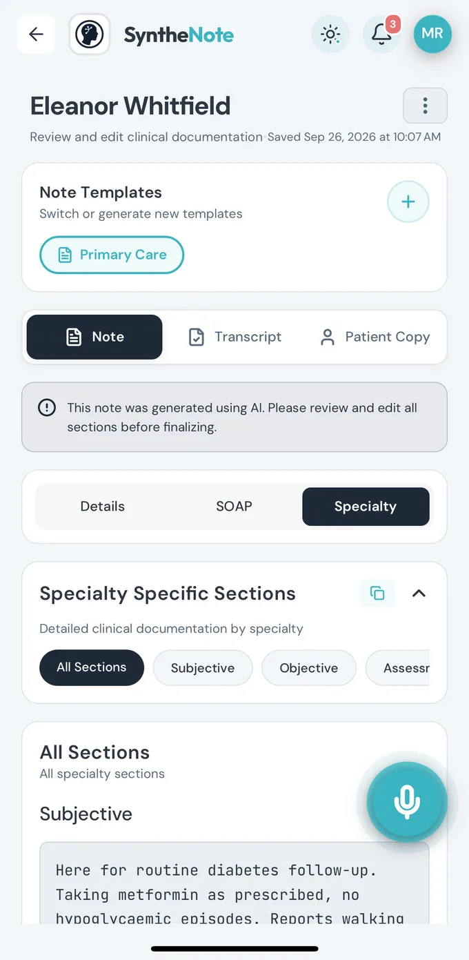 A generated clinical note open in SyntheNote